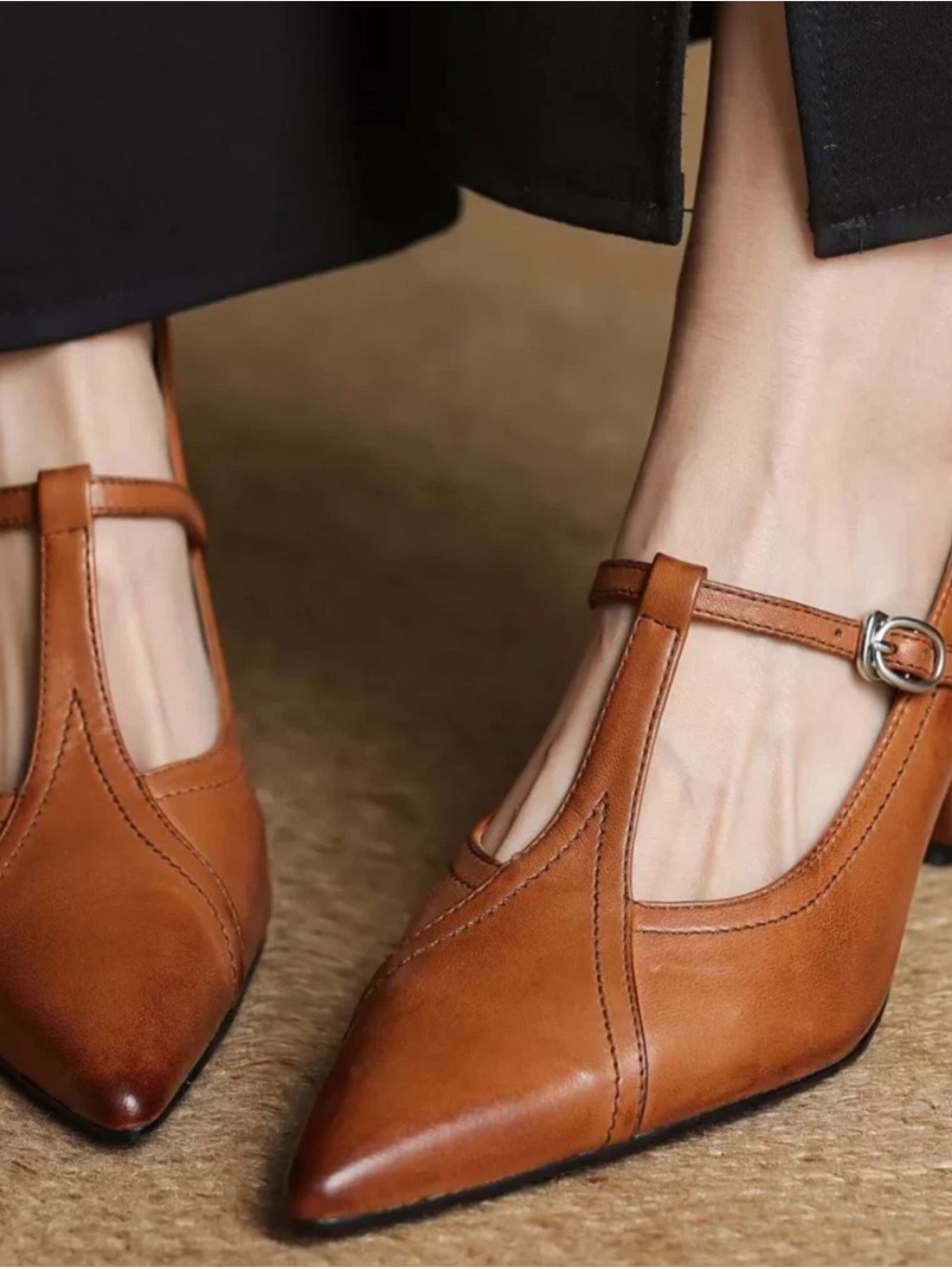 Handmade T-Strap Pointed Toe Heels in Brown - Picture 8 of 13